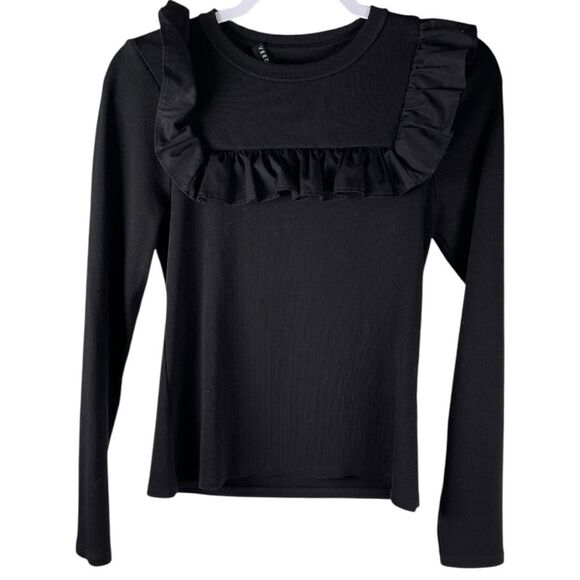 Veronica Beard Mosie Ruffle Bib Long Sleeve Black Crewneck Ribbed Top Size Small - Picture 1 of 8